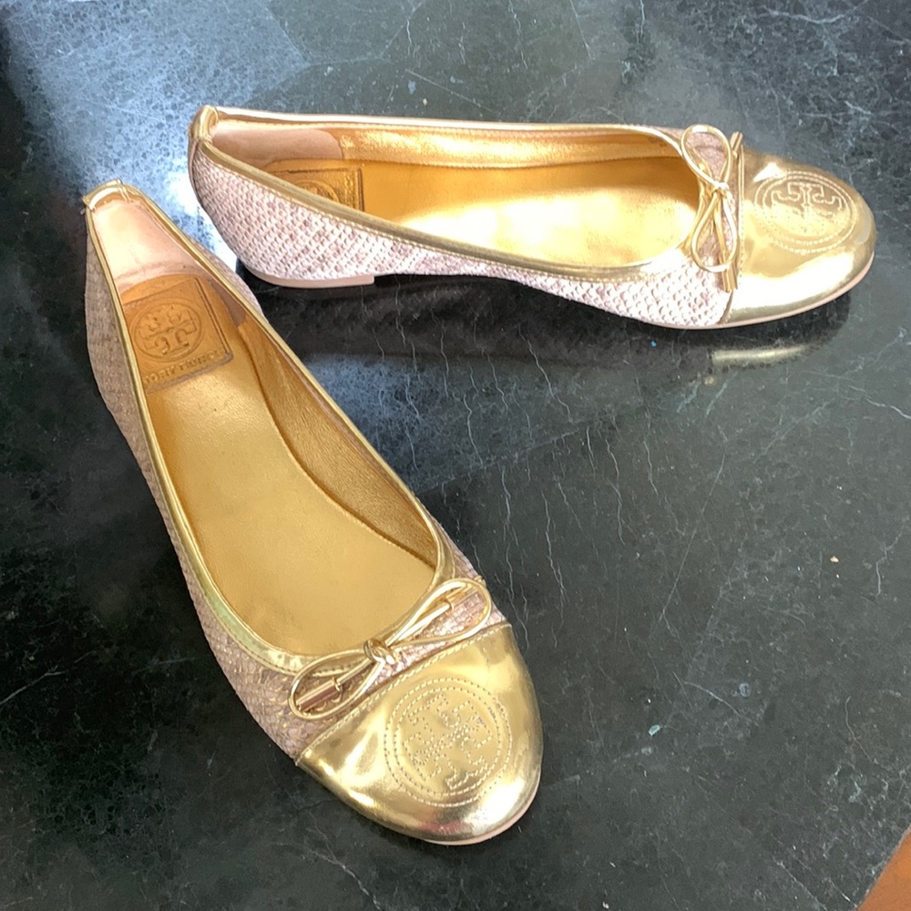 Tory Burch Gold flats with snake skin leather accent